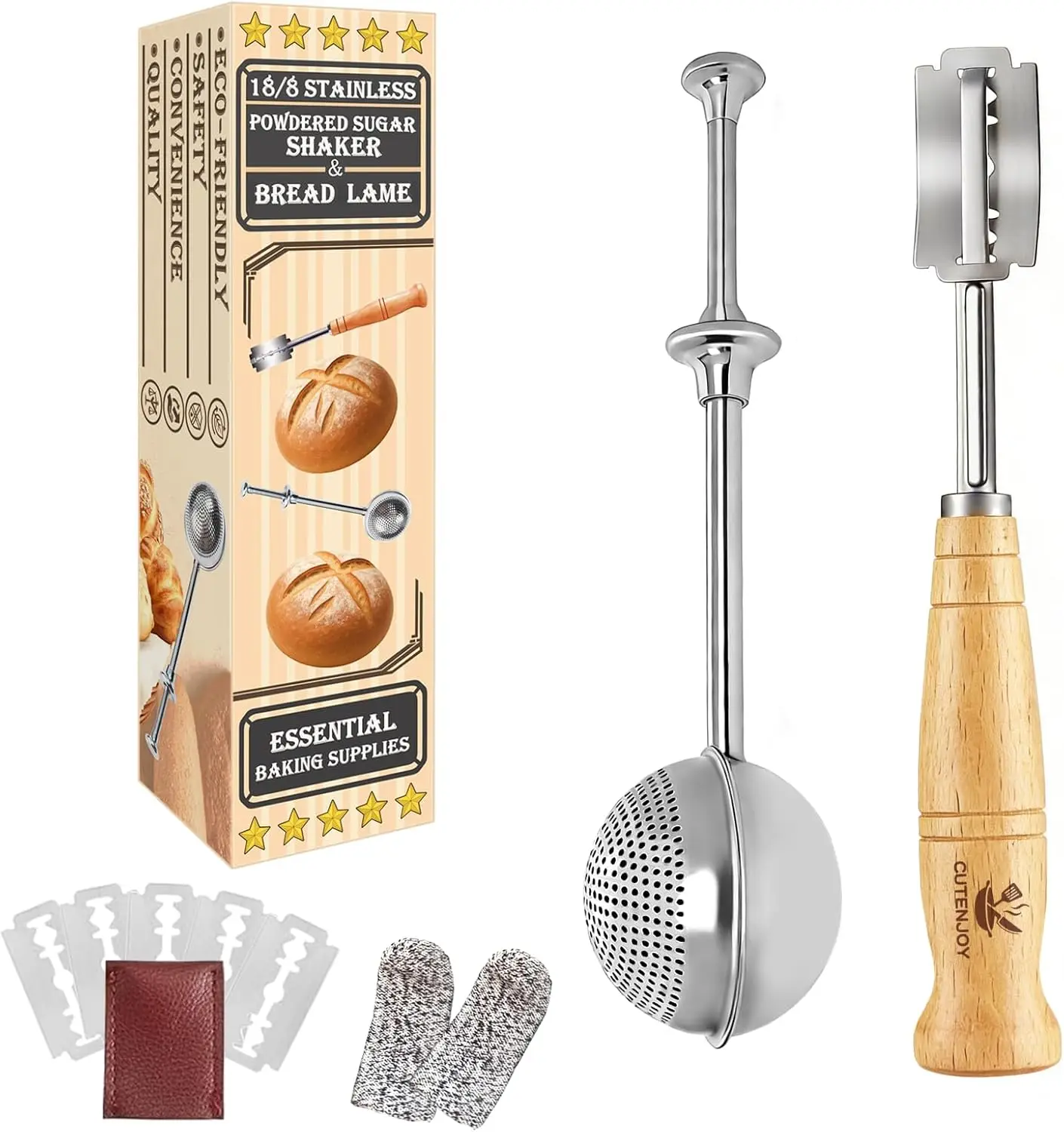 Juego de Cuchillas para Pan y Polvo de Harina, Utensilios de Repostería de Acero Inoxidable 304 con Cuchillas y Funda de Cuero, Cuchillo Profesional para Pan de Levadura