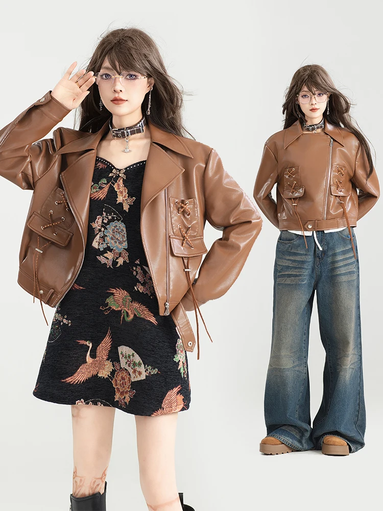 高級ブラウンショートレザージャケット2025春クール光沢バイクレザージャケットスタイリッシュストリートクールファッションジャケット