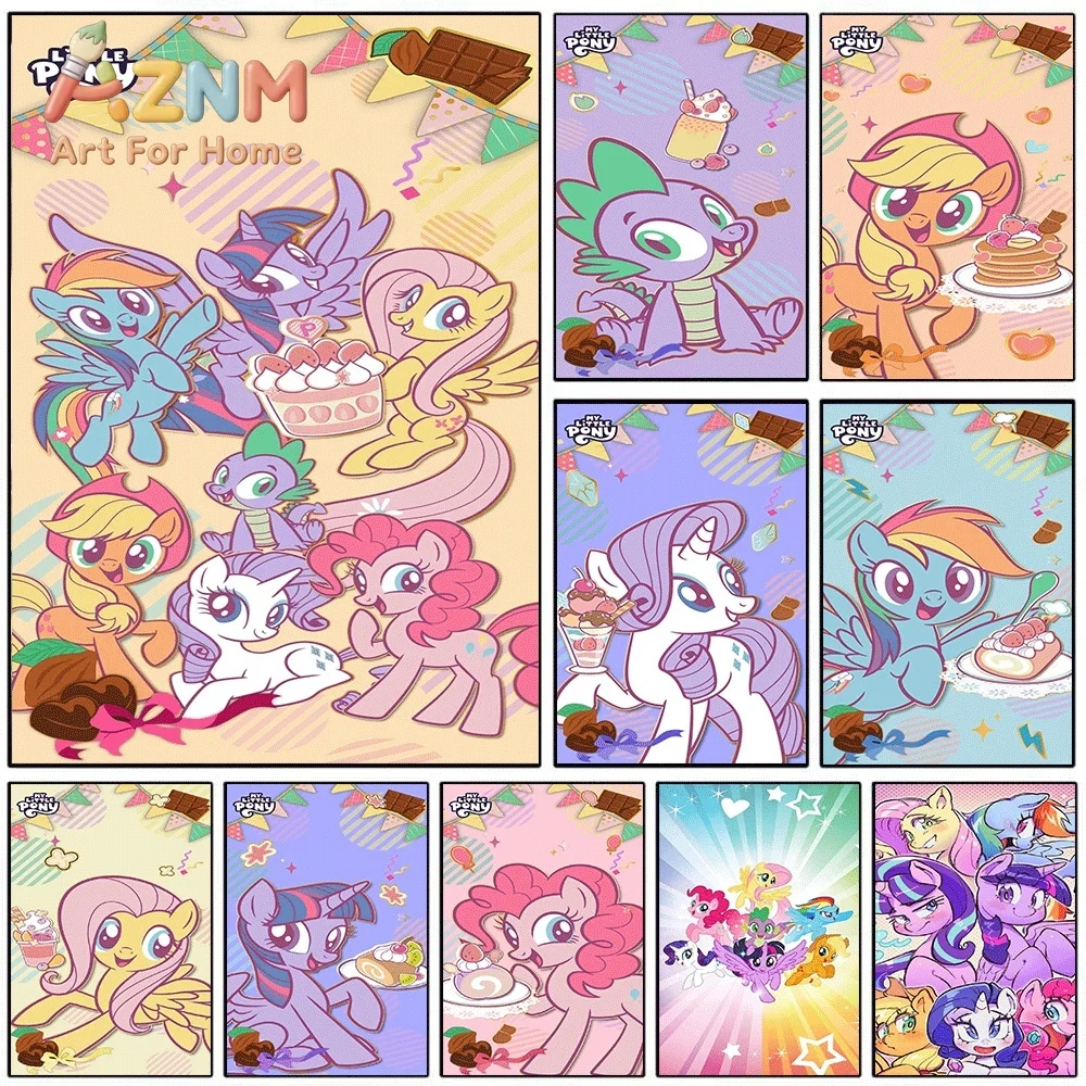 My Little Pony All Characters Sweet Dessert Party Canvas Painting Unframed Cute Cartoon Pony Wall Art Poster for Girls Bedroom