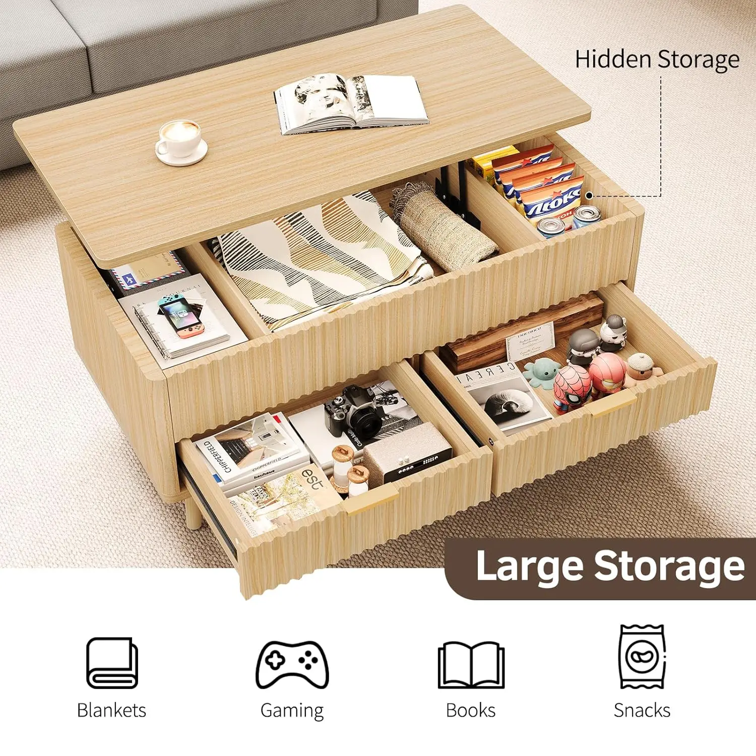 Fluted Lift Top Coffee Table- Wood Coffee Tables with Storage for Living Room, Mid Century Modern Square Large Center Table with