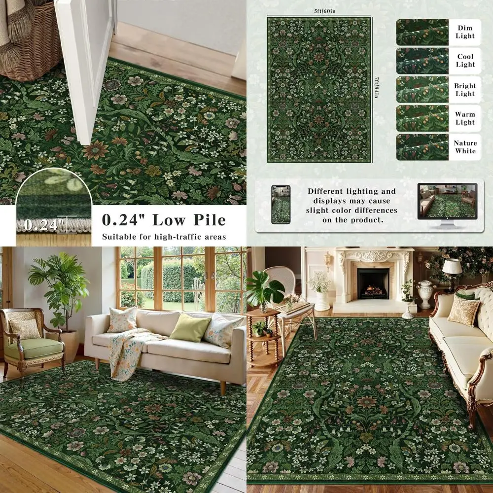 

Ковер 7' x 5' зеленый, винтажный, в богемном стиле, с низким ворсом, грязеотталкивающий, для гостиной, спальни, столовой и детских комнат