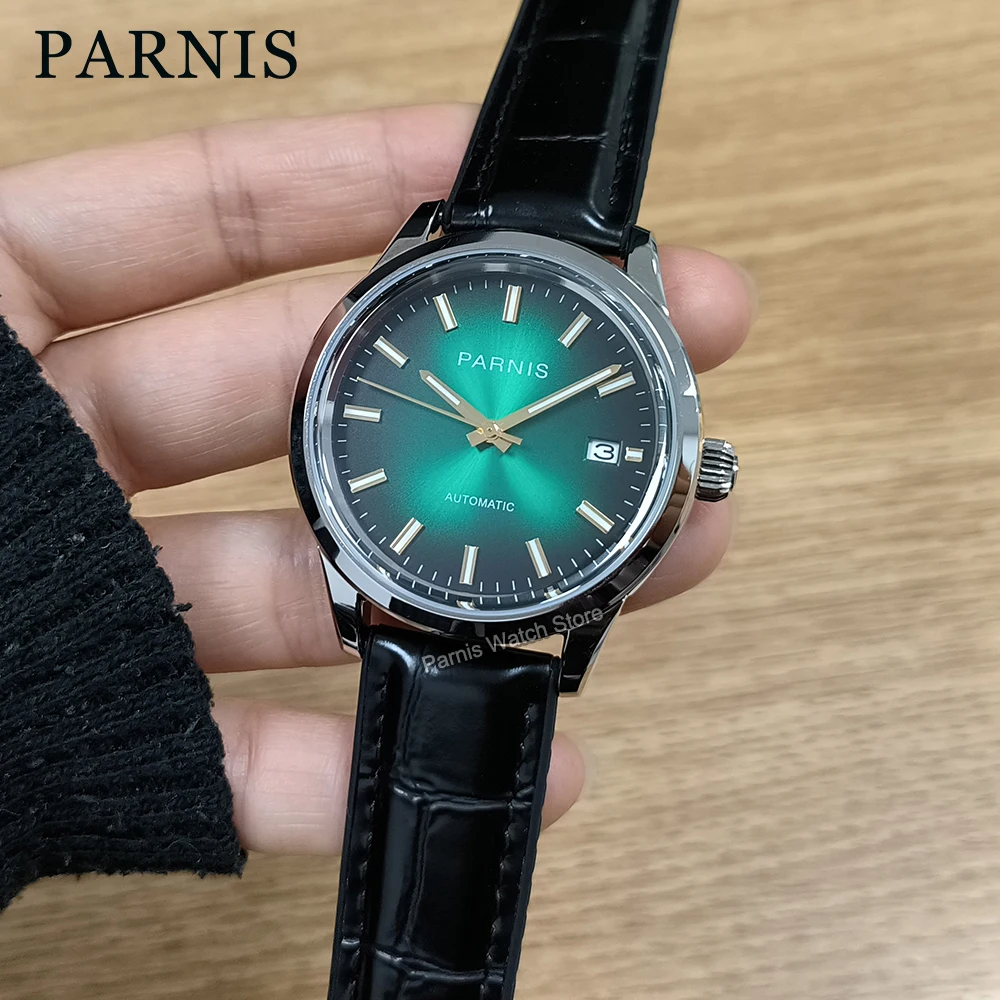 

Новые мужские часы Parnis 39,5 мм, автоматические, с зеленым циферблатом, золотыми метками, сапфировым стеклом, корпусом из нержавеющей стали, наручные часы