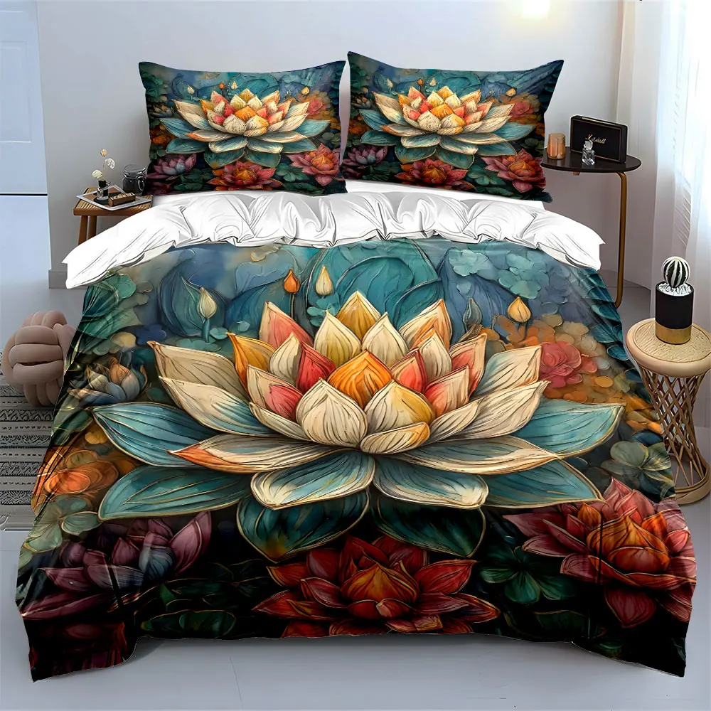 Colorful lotus with vibrant leaves Print Bedding Set 1 Duvet Cover 2 Pillowcases for Adult and Children Luxury Gift Full Size