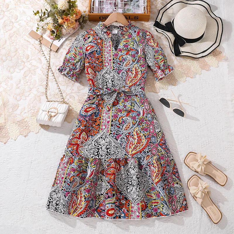 Girls Dress V-neck Puff-Sleeve Belted A-line Dress Vintage Style Ethnic Style Kids Dress Festival Vacation Clothes