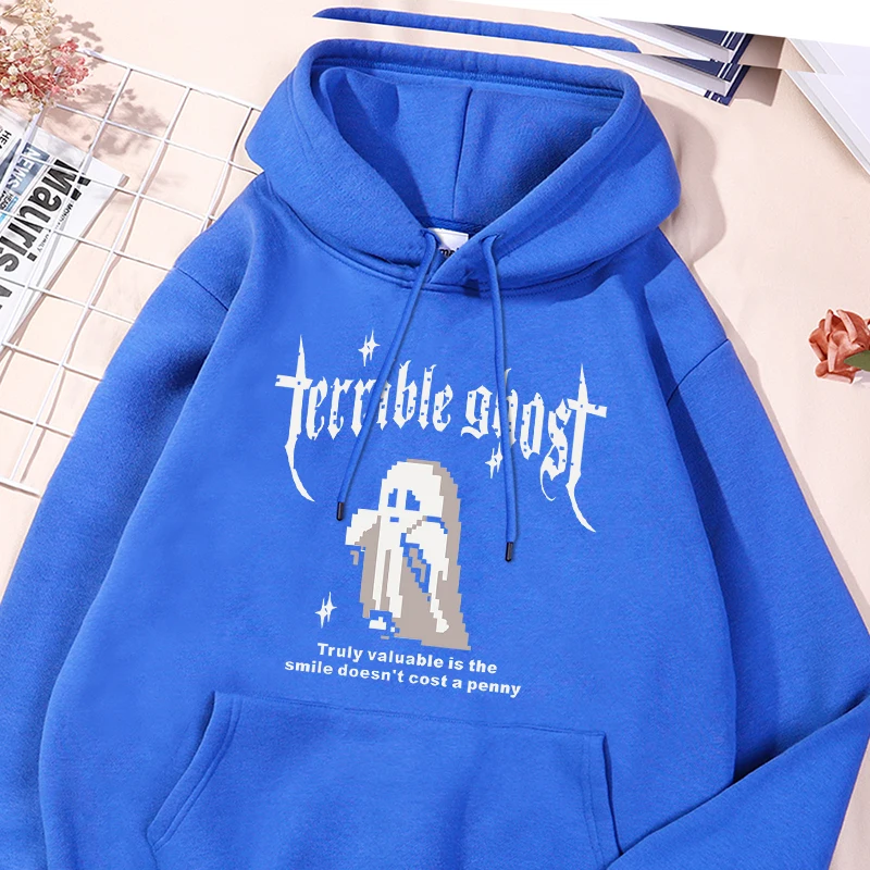 Terrible Ghost Printing Men Sweatshirt Autumn Loose Versatile Hooded Warm Fleece Hoodies Fashion Round-Neck Comfortable Clothes