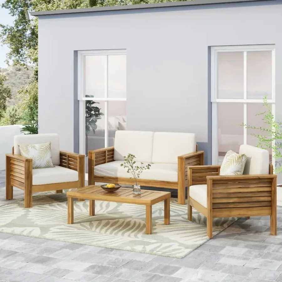 

Teak Acacia Wood Loveseat and Coffee Table Set with Cream Cushions