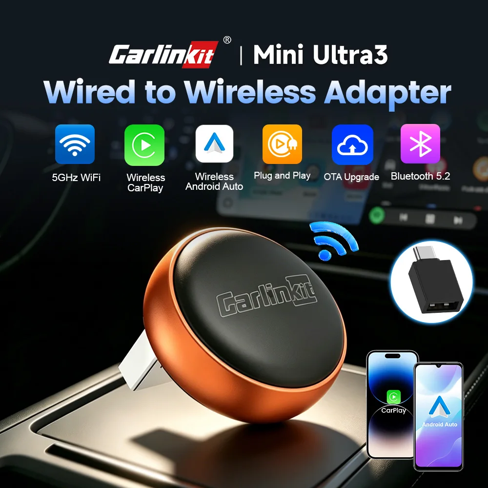 Adaptateur sans fil CarlinKit 2 en 1 CarPlay Android Auto, WiFi 5 GHz, boîte CarPlay sans fil pour systèmes de voiture intelligents, Plug and Play