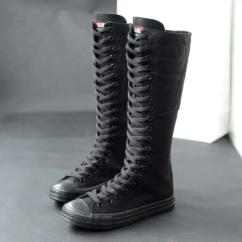 Botas altas com laço de lona para mulheres, sapatilhas altas, sapatilhas casuais, sapatilhas vulcanizadas para meninas, longas