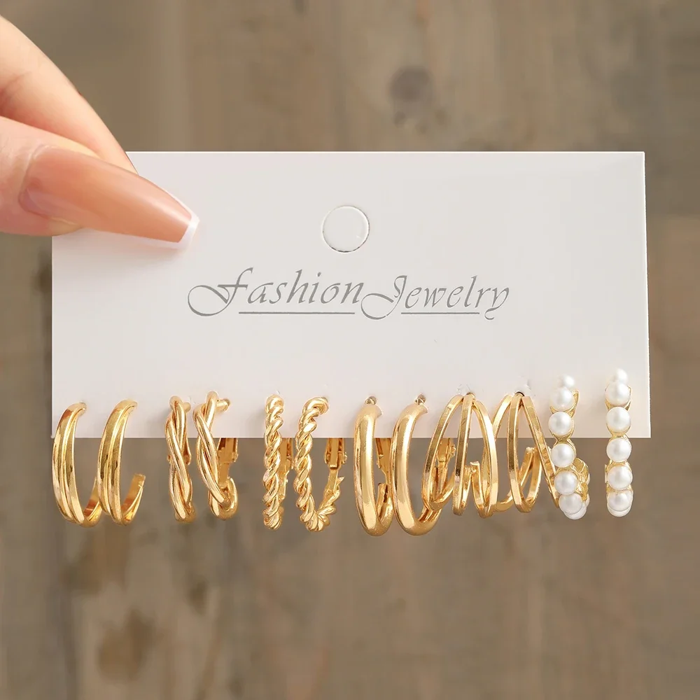 Boho Big Circle Hoop Earring Set for Women, Gold Color Bohemia Vintage Pearl Earring Heart Zircon Ear Studs Jewelry Gifts