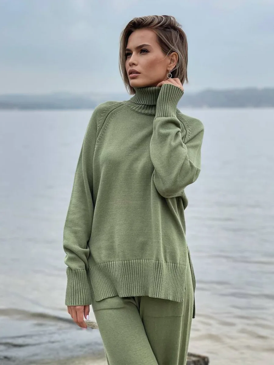 Blubelle Damen-Set, neuer Herbst-Winter-Rollkragenpullover, Strickpullover, weites Bein, Hose, 2-teiliges Set, weicher Stoff, lockere Passform, elastische Taille