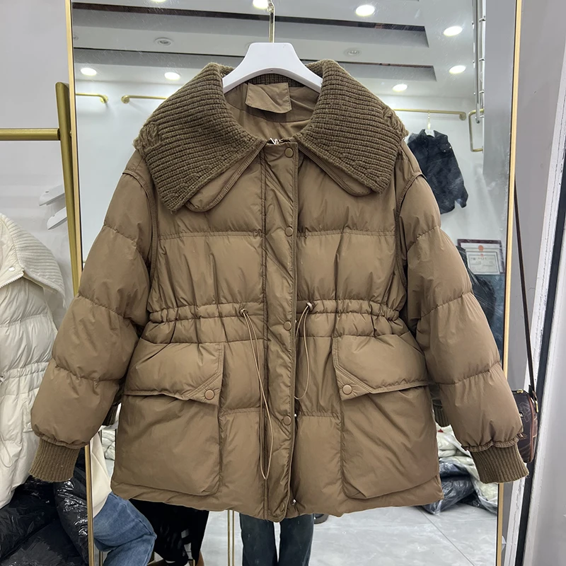 

Winter Lapel Knit Splice Mid Length Down Jacket Women White Duck Down Pocket Parker Outwears Female Drawstring Thick Warm Jacket