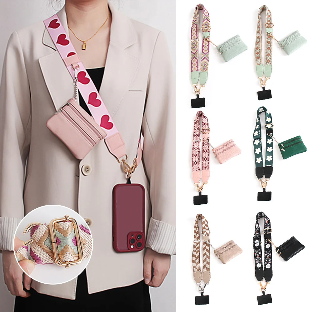 

Phone Strap With Zippered Pouch Adjustable Long Mobile Phone Lanyard Crossbody Card Neck Cord Clip Detachable Handbag Strap 2024