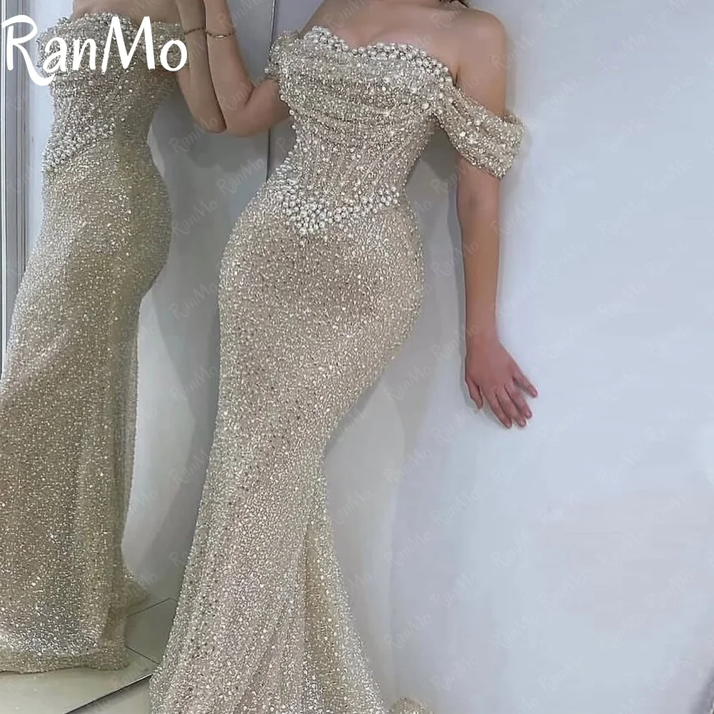 Ranmo オフショルダーイブニングドレスグリッターウエディングドレスマーメイドビーズパーティードレス女性のための真珠アラビア女性ウエディングカスタマイズ