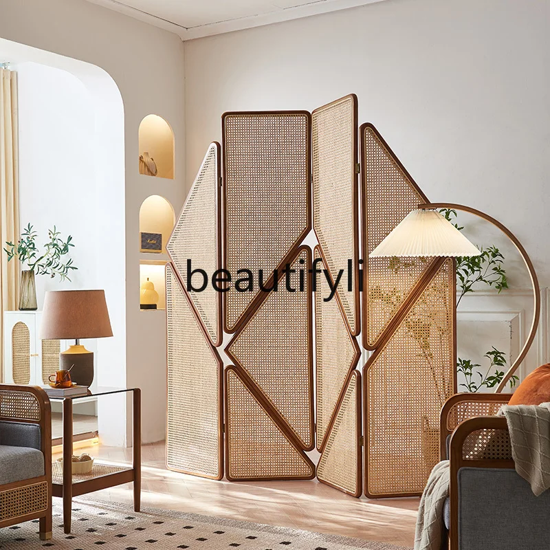 Nordic solid wood rattan screen creative partition wall movable folding screen new Chinese arc retro entrance screen