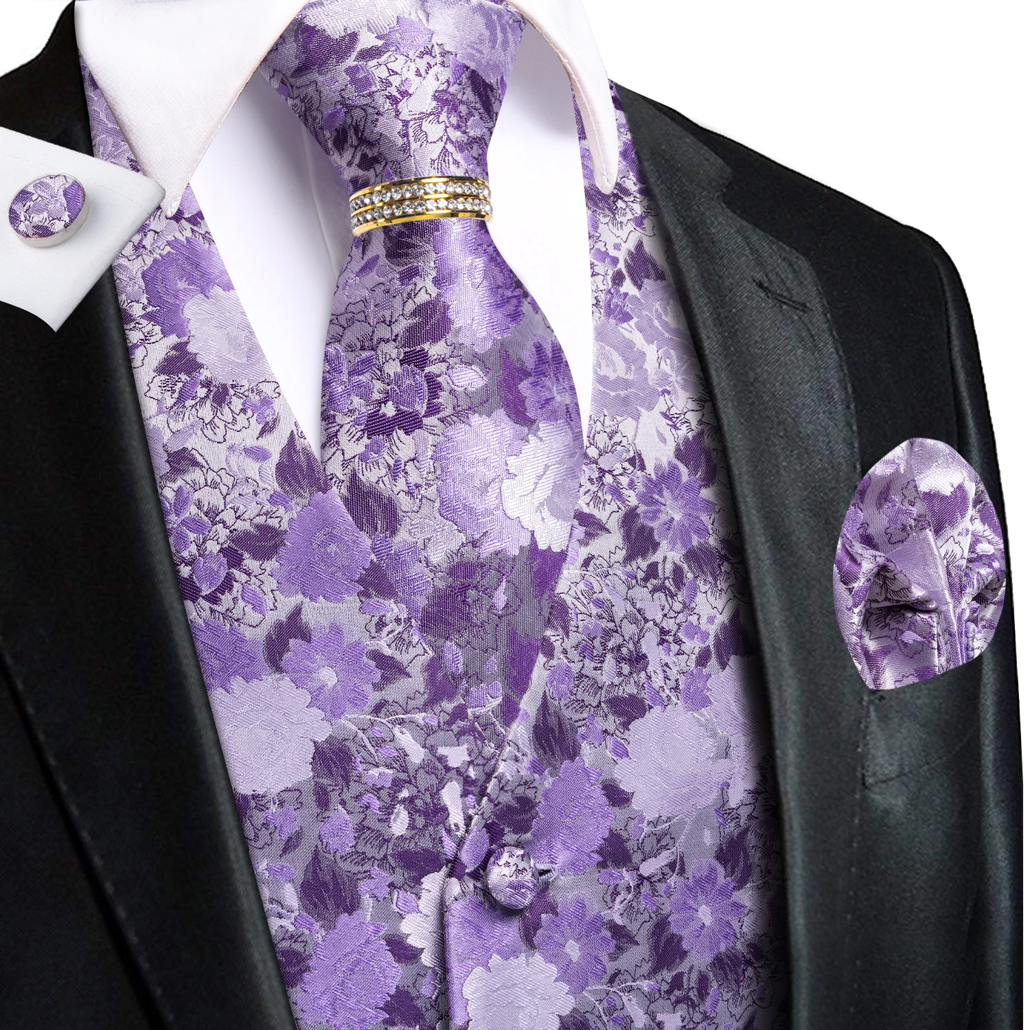 Purple Floral Mens Vest 5Pcs Matching Set, Waistcoat Necktie Pocket Square Cufflinks Ring, Suit Accessories for Groom