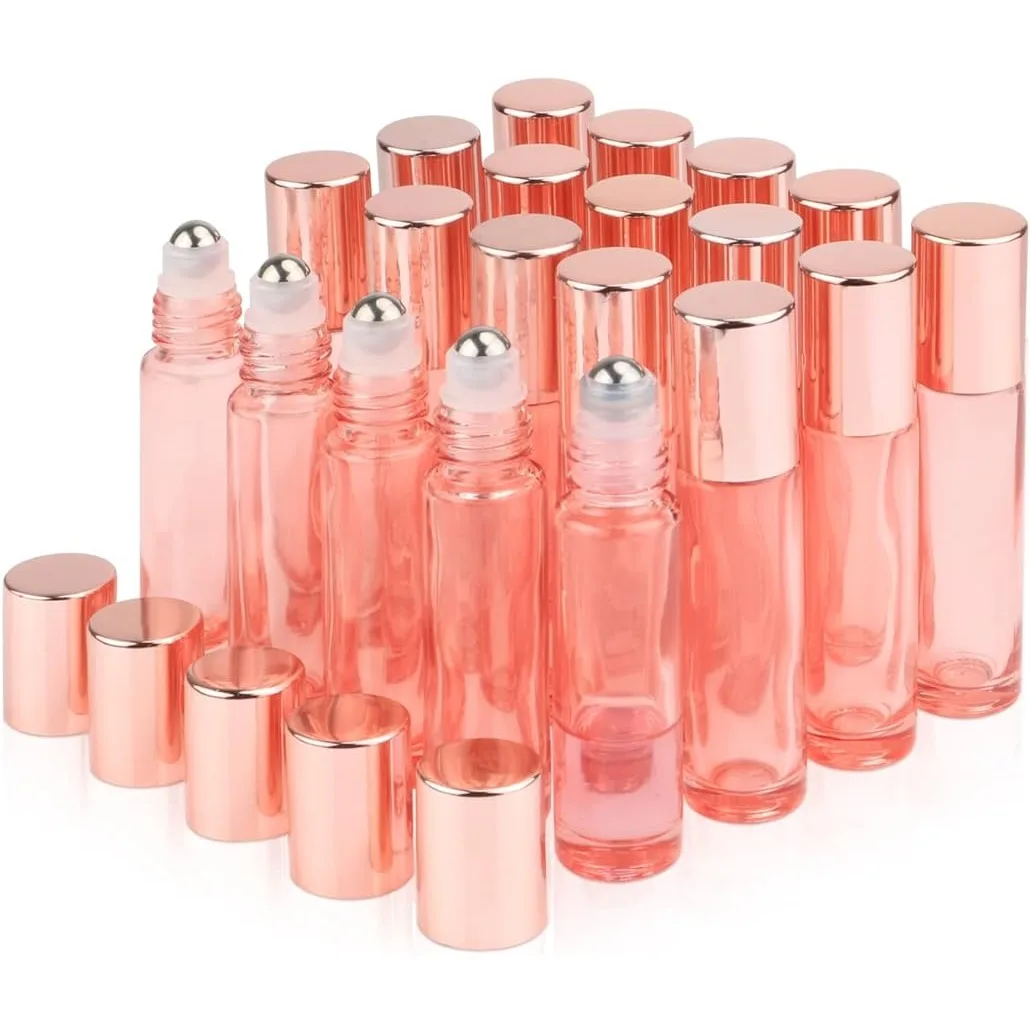 20Pcs 10ml/0.33 Oz Pink Essential Oil Roller Bottle Empty Glass Roll-On Vials with Stainless Steel Roller Bottle for Oil Blends