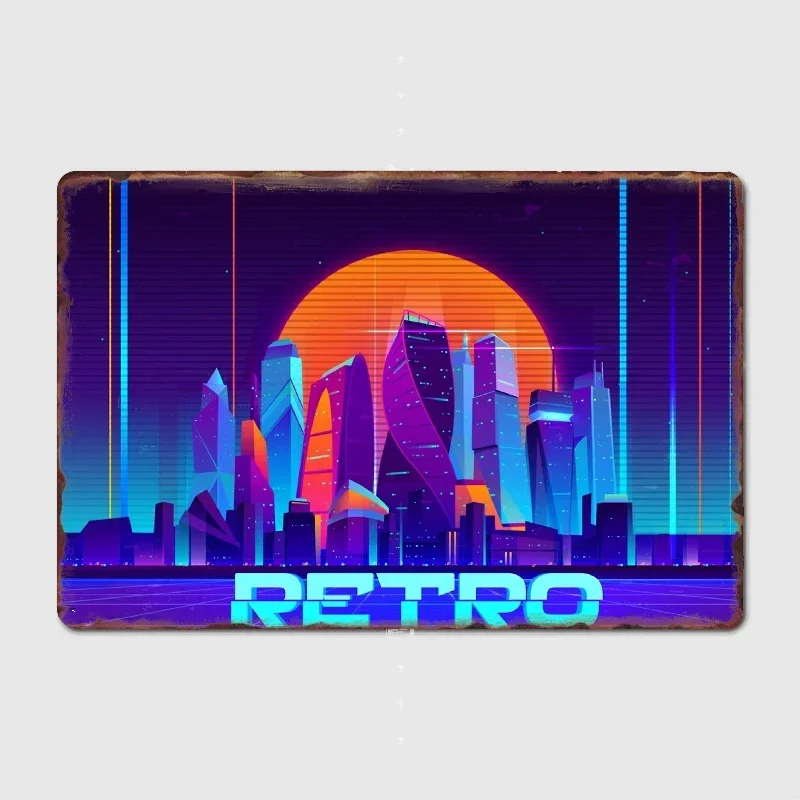 Retro In Neon City Skyscrapers Buildings Metal Poster Garage Decoration Living Room Cinema Living Room Custom Tin Sign Poster