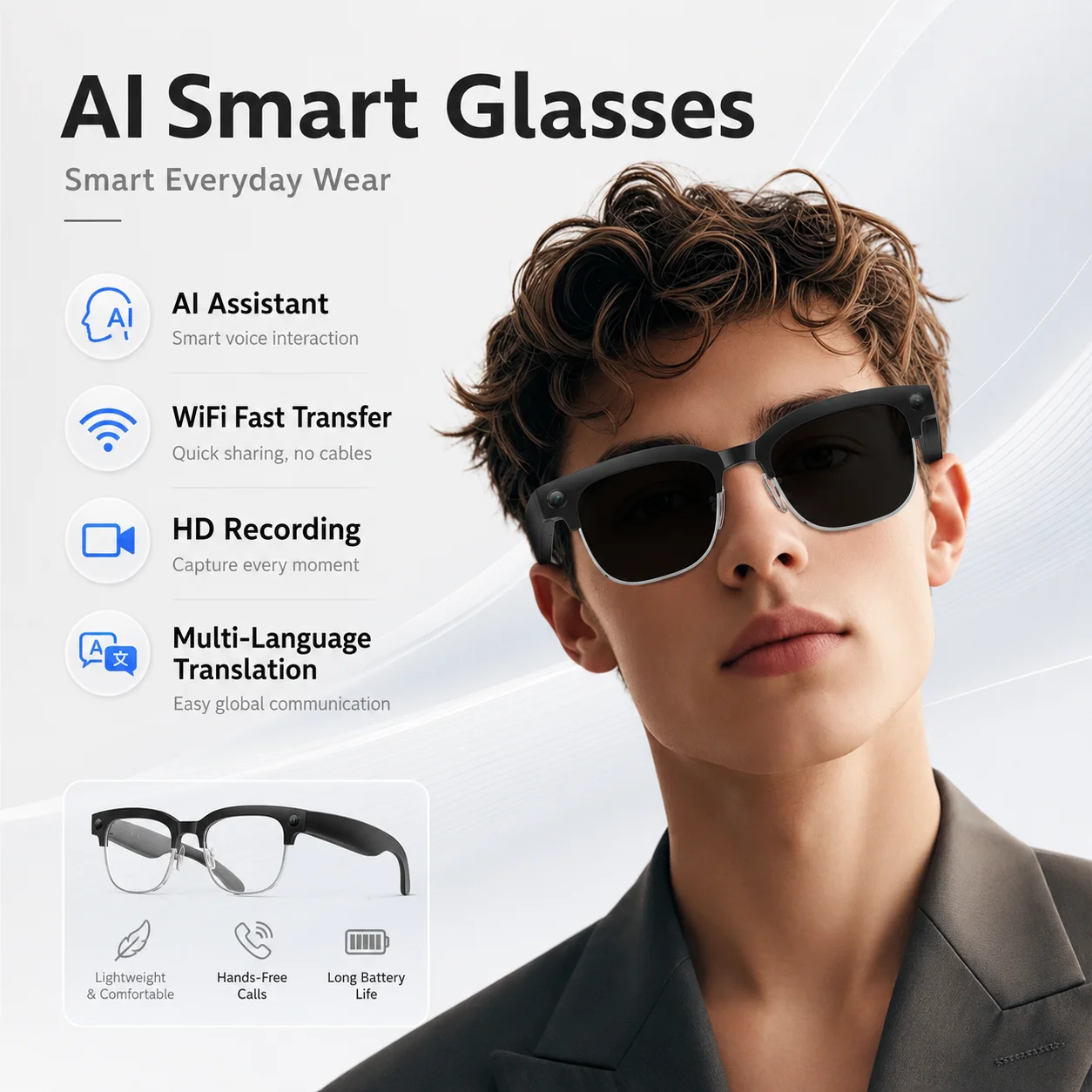 W630T AI Translation Smart Glasses Real-Time Multi-Language Interpreter Dual Mic Noise Reduction Meeting Record Business Half