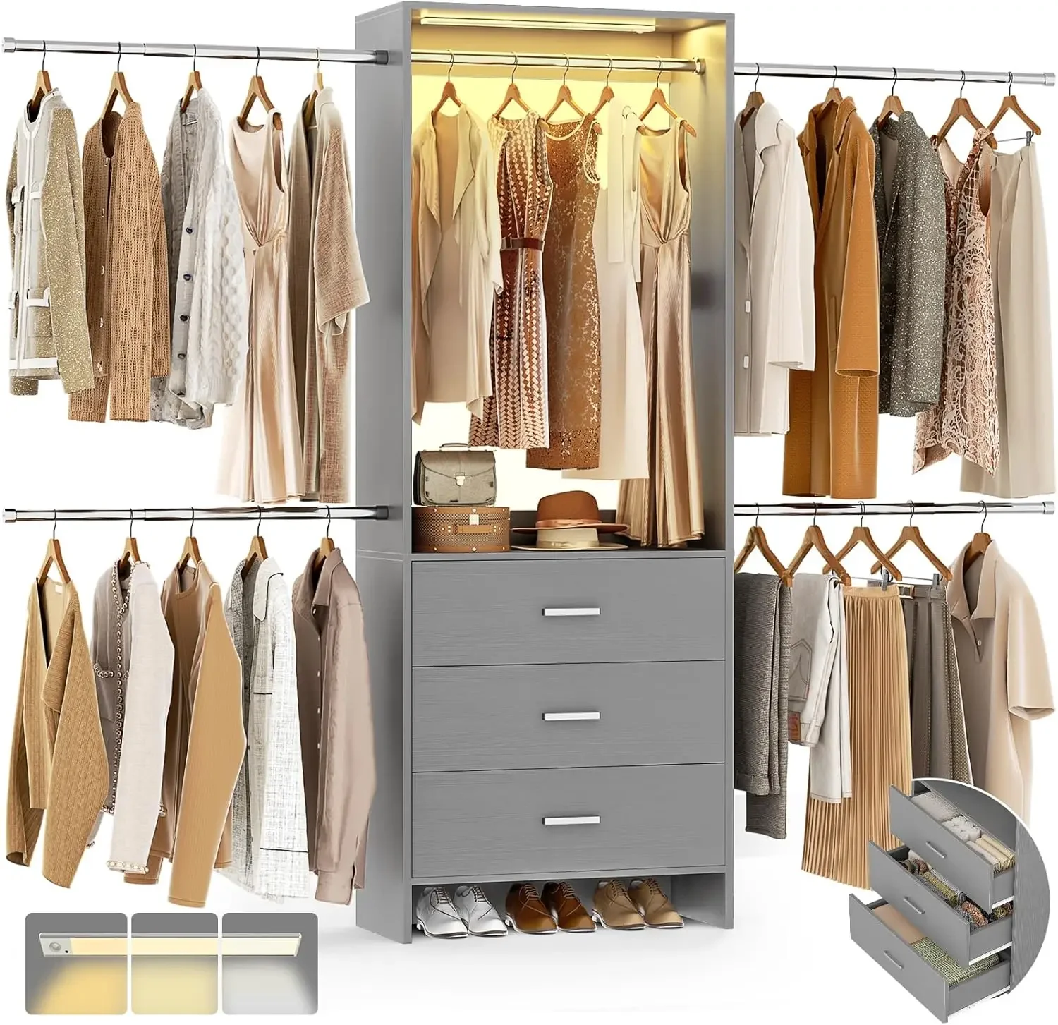 Wooden Drawers Hanging Rods Closet System Motion Sensing Light Led Closet Organizer Garment Rack Grey Bedroom