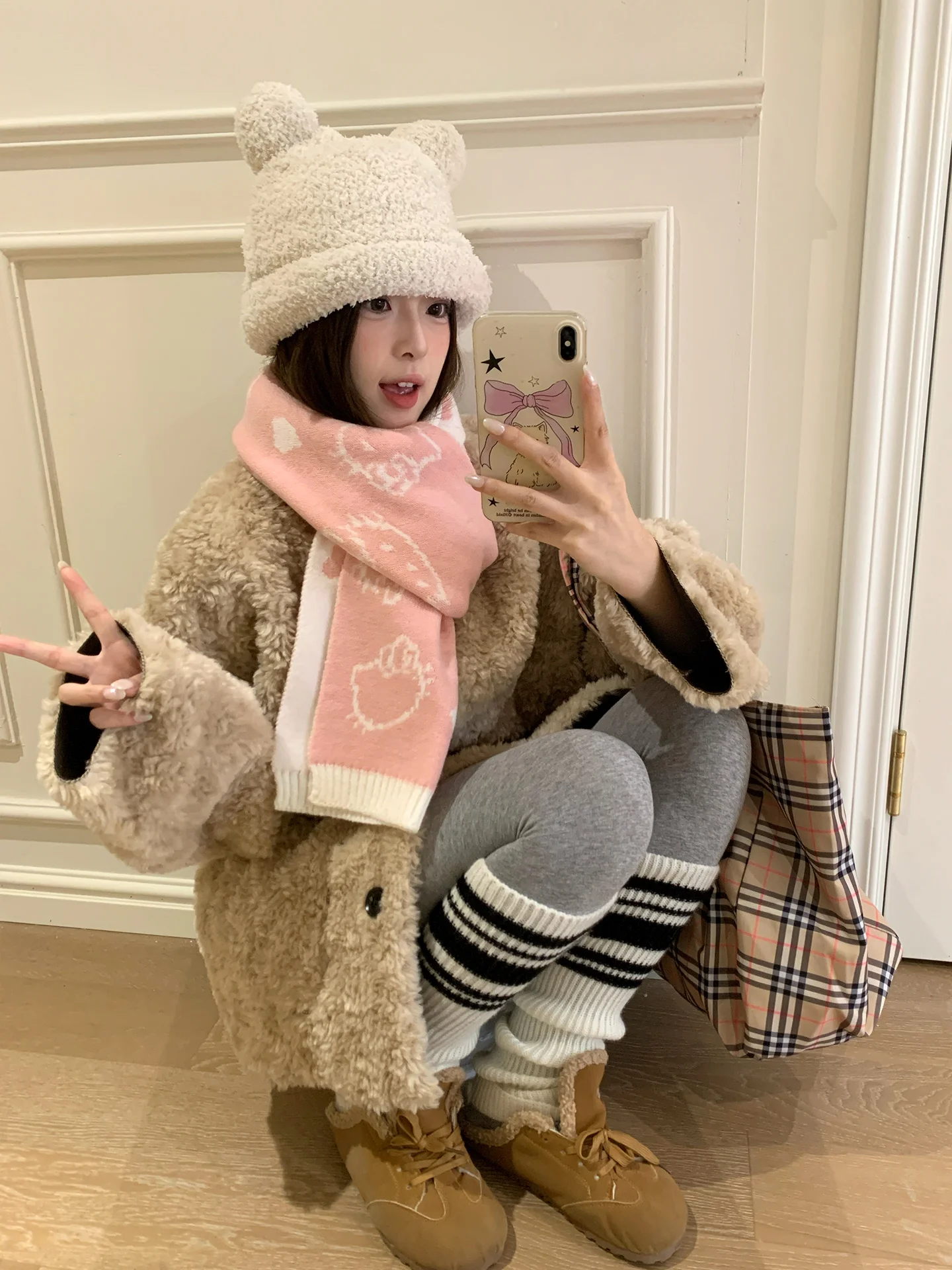 Cute Cartoon Cat Double-Sided Knitted Scarf For Women New Autumn And Winter Thickened Warm Neck Warmer
