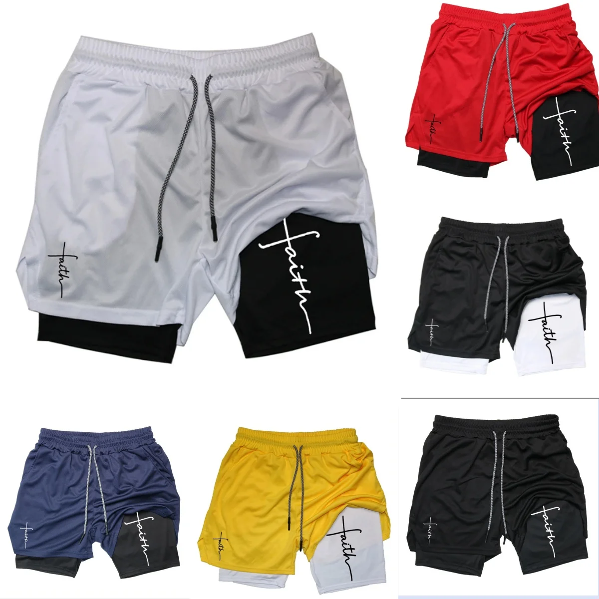 

2025 Fashion and Sports two-in-one shorts with towel ring, mobile phone pocket, cross print, daily outdoor shorts