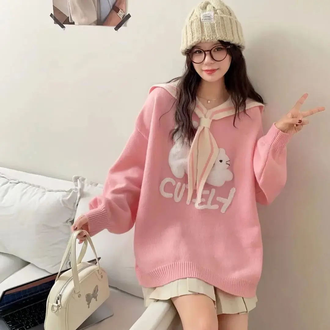 

Sailor collar pullover sweater women 2024 autumn and winter new Korean version loose lazy style design cartoon sweater trend