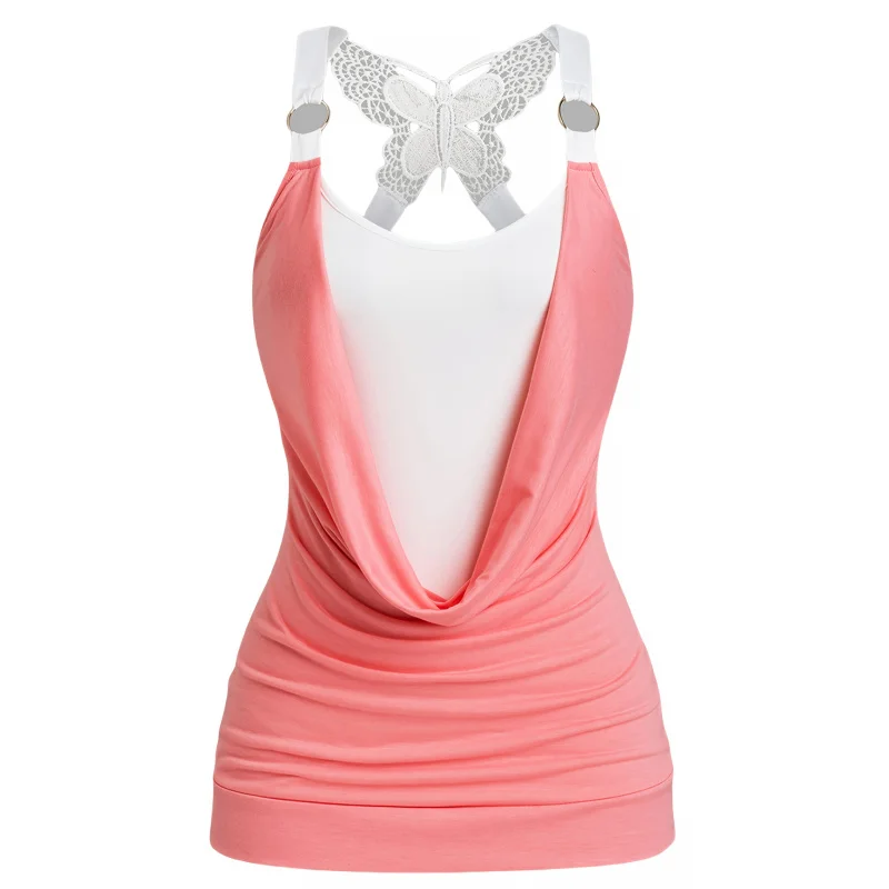 

Топ с круглым вырезом и завязками на шее - Элегантный женский топ с контрастными цветами и декоративной вставкой на спине - Легкий полиэстер 180 г/м²