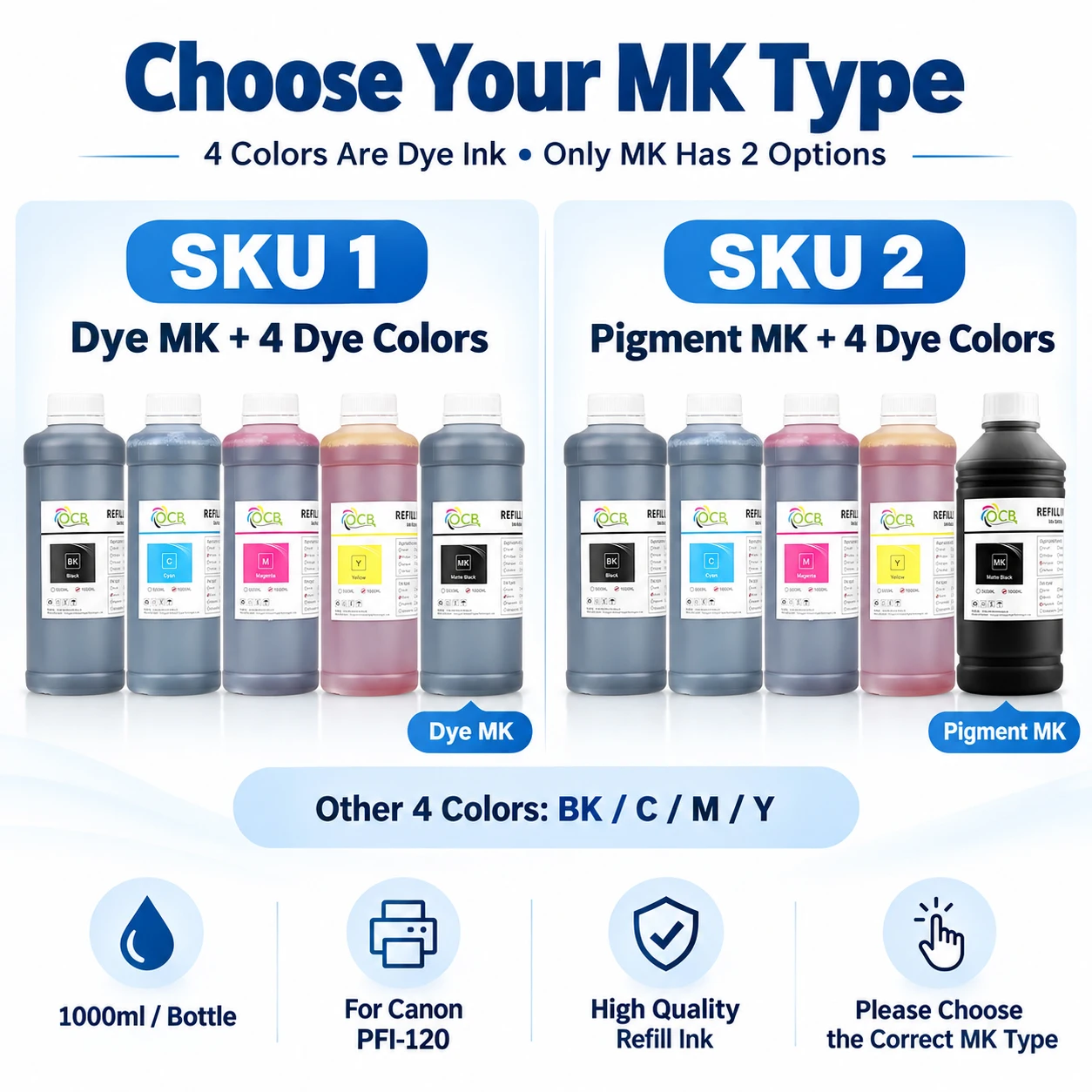 Refill Dye Ink 1000MLPFI120 PFI-120 For Canon TM200 TM205 TM300 TM305 200 205 300 305 GP-200 GP-300 Printer Inks  BK C M Y MBK