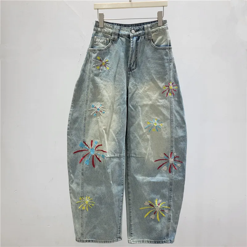 

American Retro Style Firework-embroidered Jeans for Women, Loose and Versatile, Casual Straight Wide-leg Denim Pants
