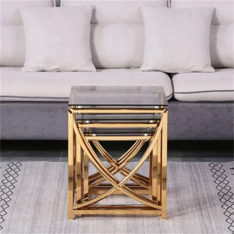 3 pcs Gold Square Nesting Glass End Tables- Small Coffee Table Set- Stainless Steel Small Coffee Tables With Grey Tempered Glass