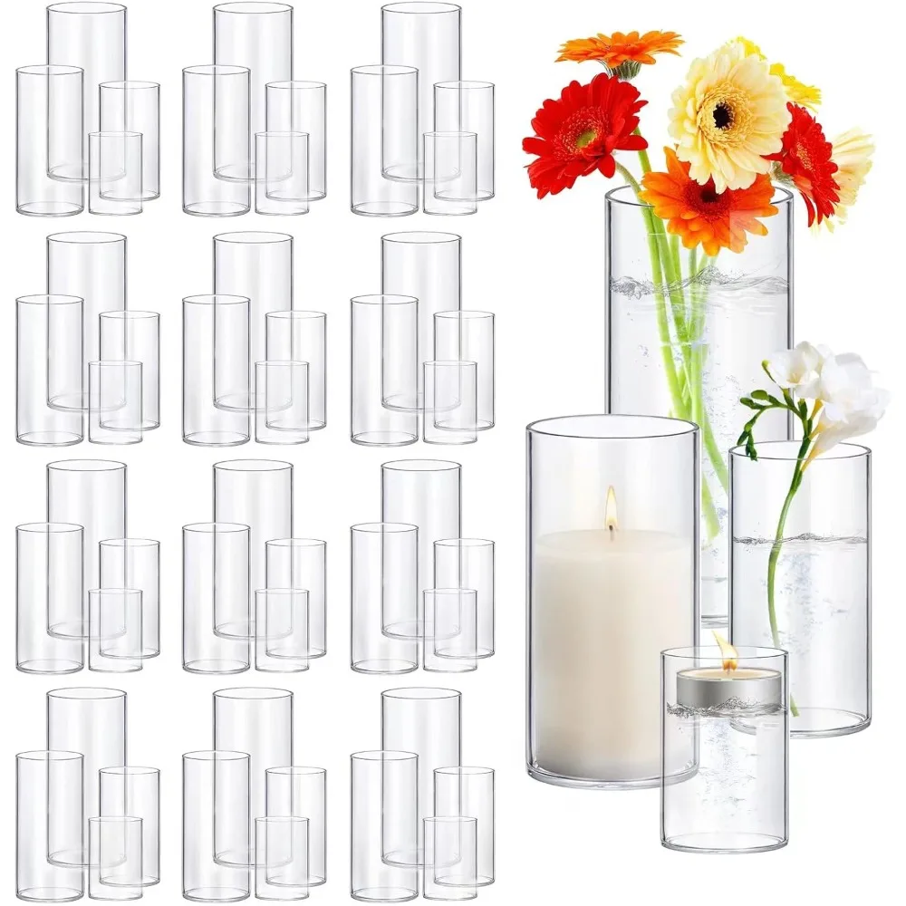 48 Pack Thick Glass Cylinder Vases 4,6,9,12 Inch Tall Clear Flower Vase Hurricane Floating Candle Holder.