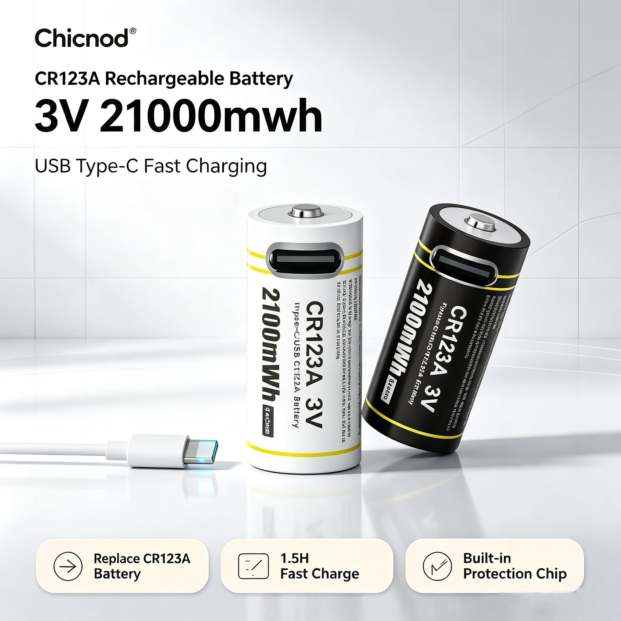 Chicnod CR123A 3V Wiederaufladbare Lithium-Batterie 21000mWh USB Typ-C Li-Ionen-Akku Hohe Kapazität Eingebauter Schutz für Kamera