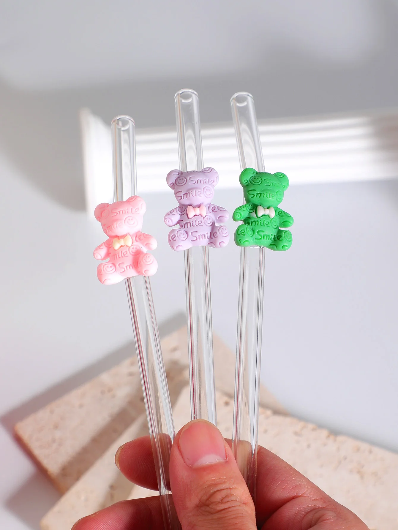 3/6 قطع من قش الزجاج الملون مع فيونكة، شفاطة منحنية قابلة لإعادة الاستخدام لشاي بوبا والمشروبات والكوكتيلات، هدية متجر الحلوى للنزهات والحفلات #5