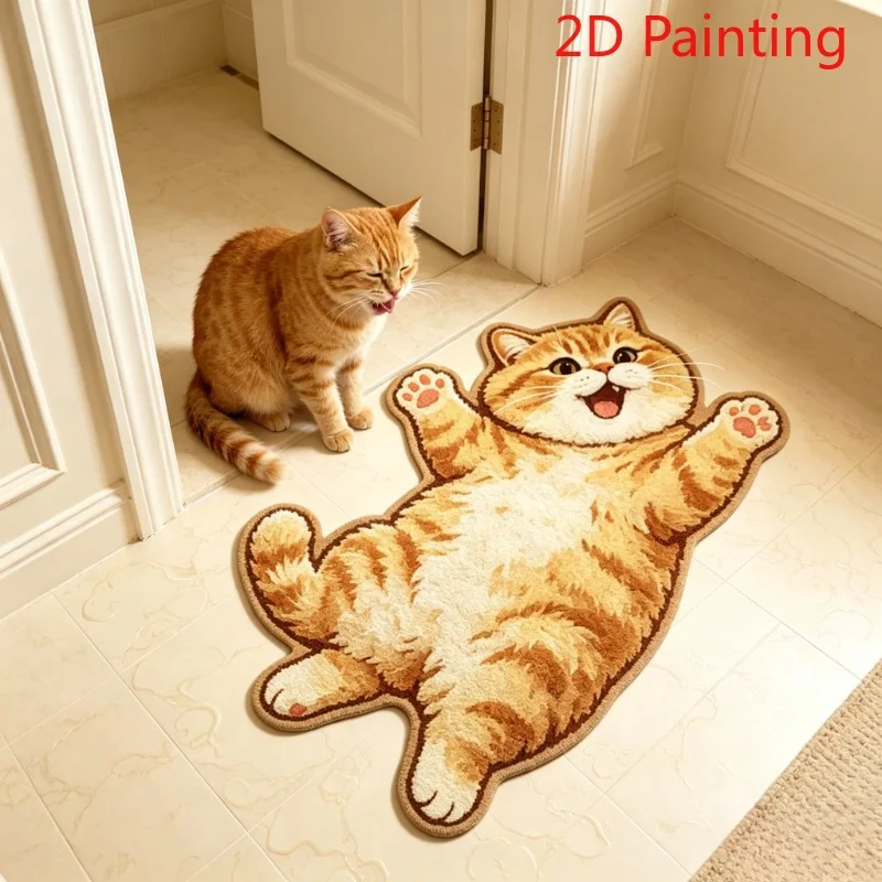 VIKAMA 2D Painting Chubby Ginger Cat Irregular Rug Anti Slip Washable Door Mat Kids Bedroom Home Decoration