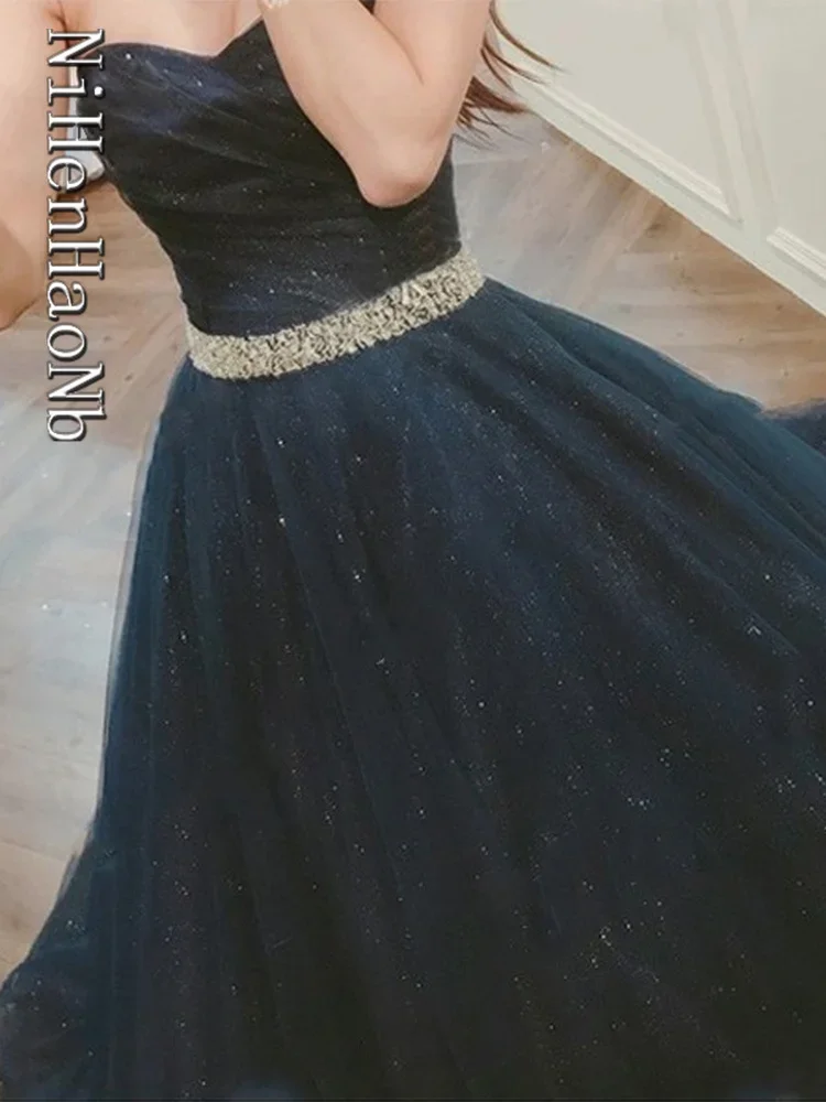 Luxury Black Long Quinceanera Dresses Sweetheart Crystal Beaded Tulle Ball Gown Sweet 15 Dresses