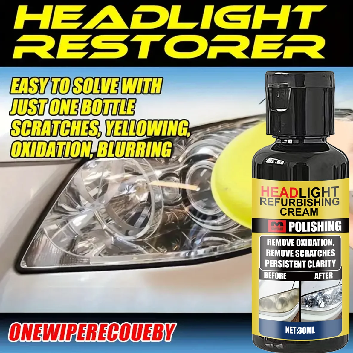 Easy DIY Headlight Restoration Kit - No Power Tools Needed, Hand-Sanding Headlight Lens Restorer, Remove Yellow & Oxidized Layer
