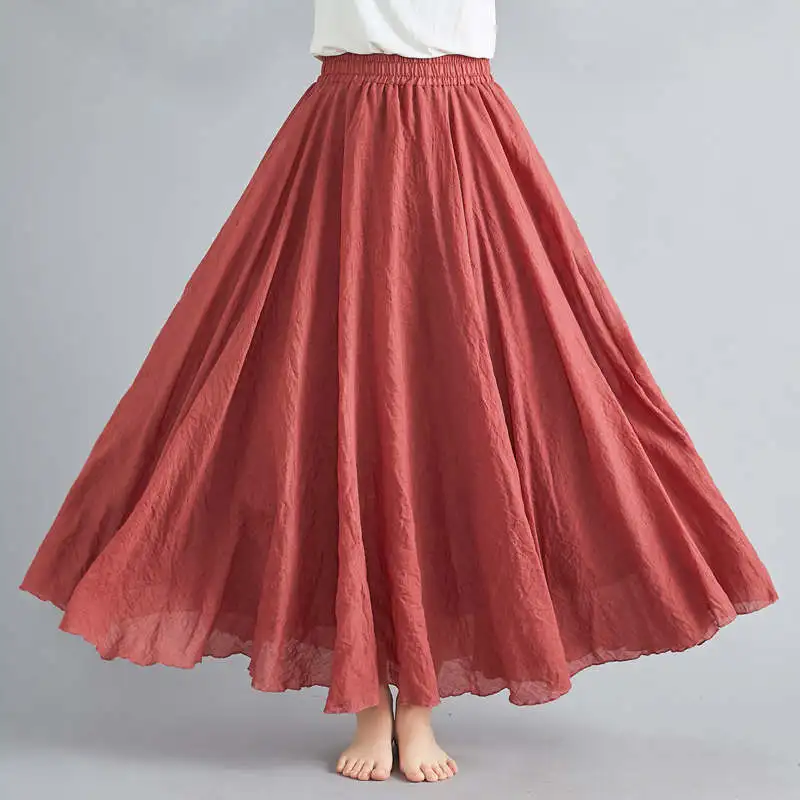 

Candy Colors Big Swing Loose Linen Summer Skirts Womens Elastic Waist Bohemian Pleated Midi Skirt Tulle Women Faldas kawaii