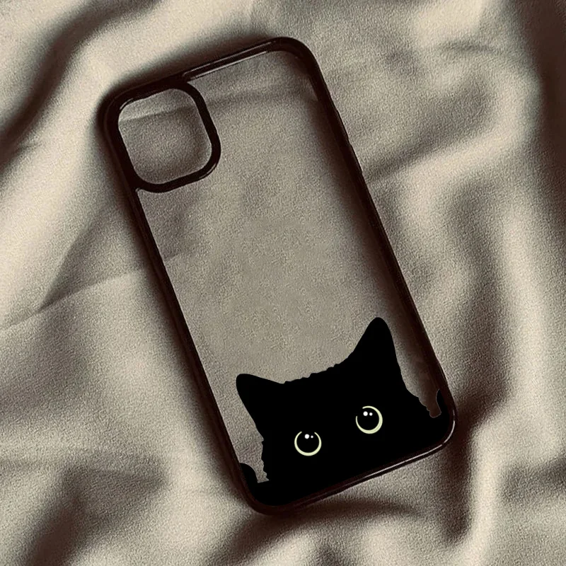 Phone Case For Samsung Galaxy S24 Ultra S25 S23 FE S22 Plus A06 A16 A54 A35 A15 A55 A34 5G Cute Black Cat Pattern Clear Cover