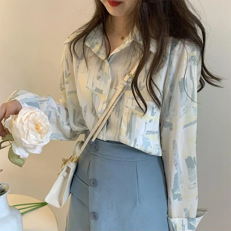 Tops abotonados con estampado para mujer, ropa estética Social elegante, tendencia 2021, moda Harajuku japonesa, camisa y blusa para mujer