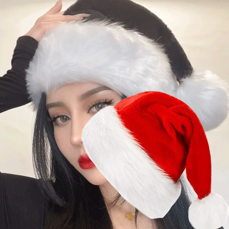 Black Red Long Plush Christmas Hat  2023 New Year Warm Thicken Cap Christmas Decorations for Santa Claus Gift Party Supplie