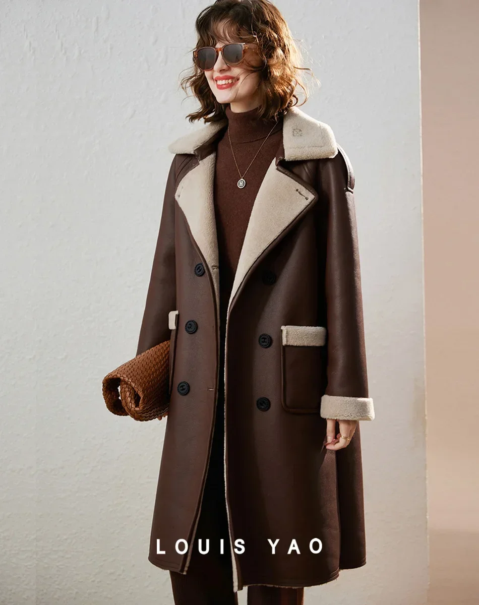 LOUIS YAO 2024 Winter Fashion Lapel Double Breasted Coat with Plush Splicing Warm Women's Coat Mid-long Loose PU Coat for Women