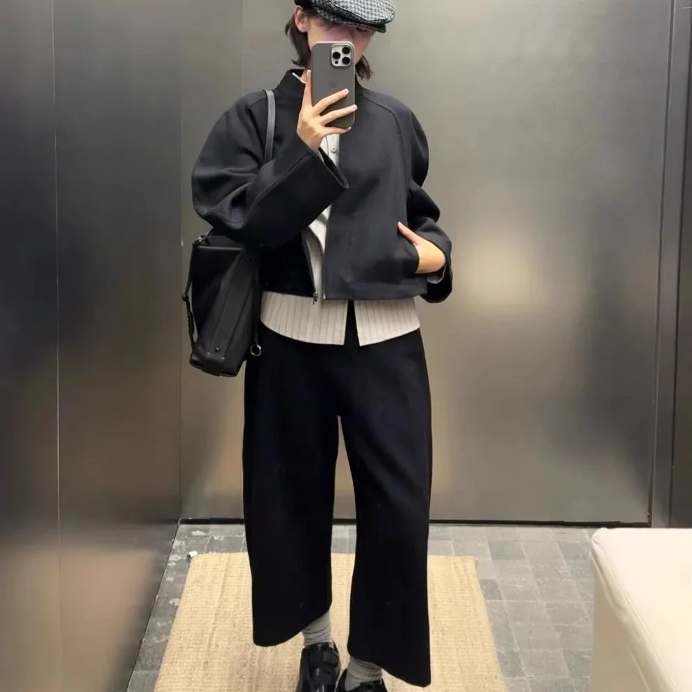 Faionable Otoño Invierno Lana Perna ancha Cuchillo Pantalones de siete pulgadas para mujer Cintura alta Cierre de cremallera Coreano Sle Casual...