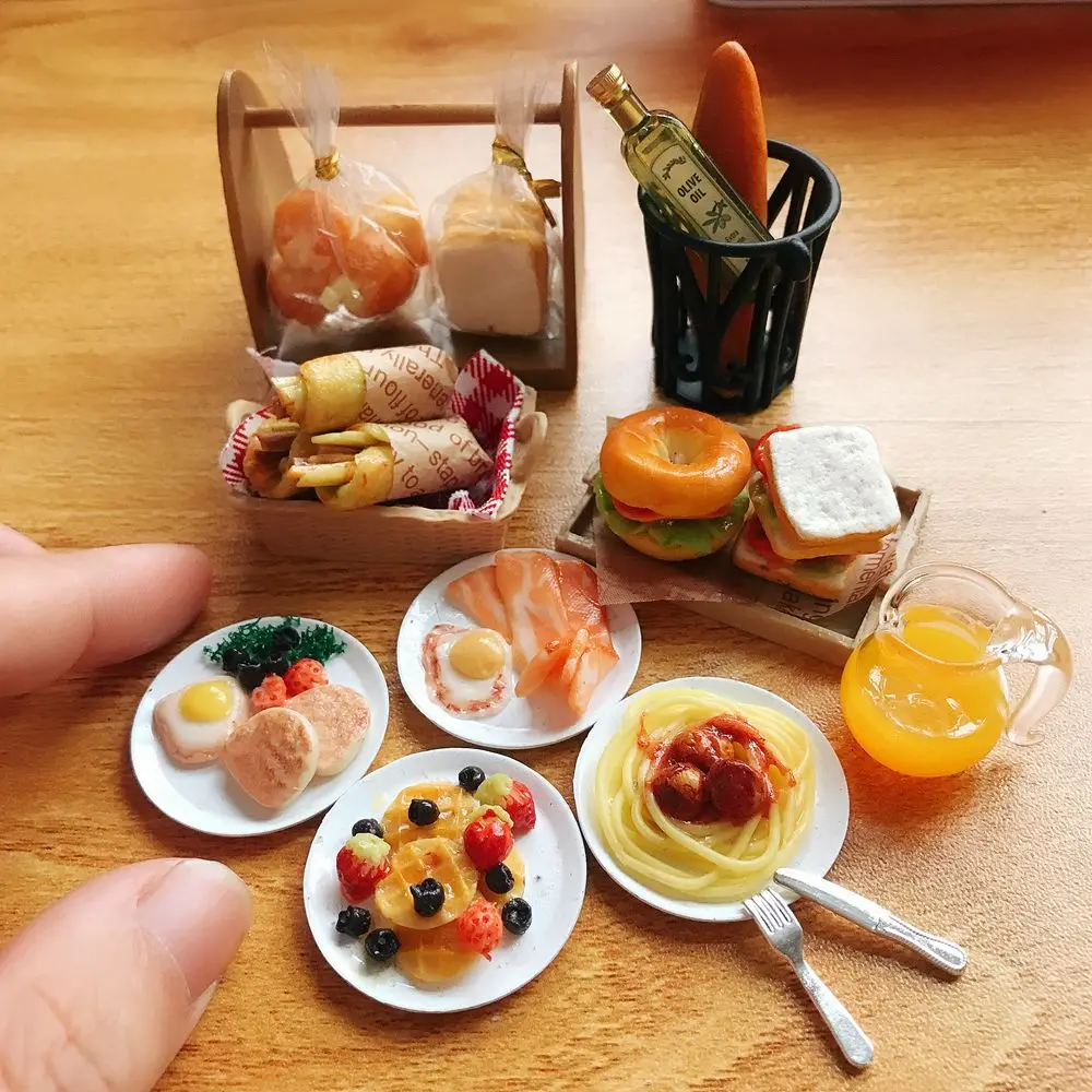 NOVO Bonito 1/6 Escala Dollhouse Miniatura Pequeno-almoço Mini Pão Waffle Bacon Bagel Argila Comida para Boneca Cozinha Brinquedos Acessórios