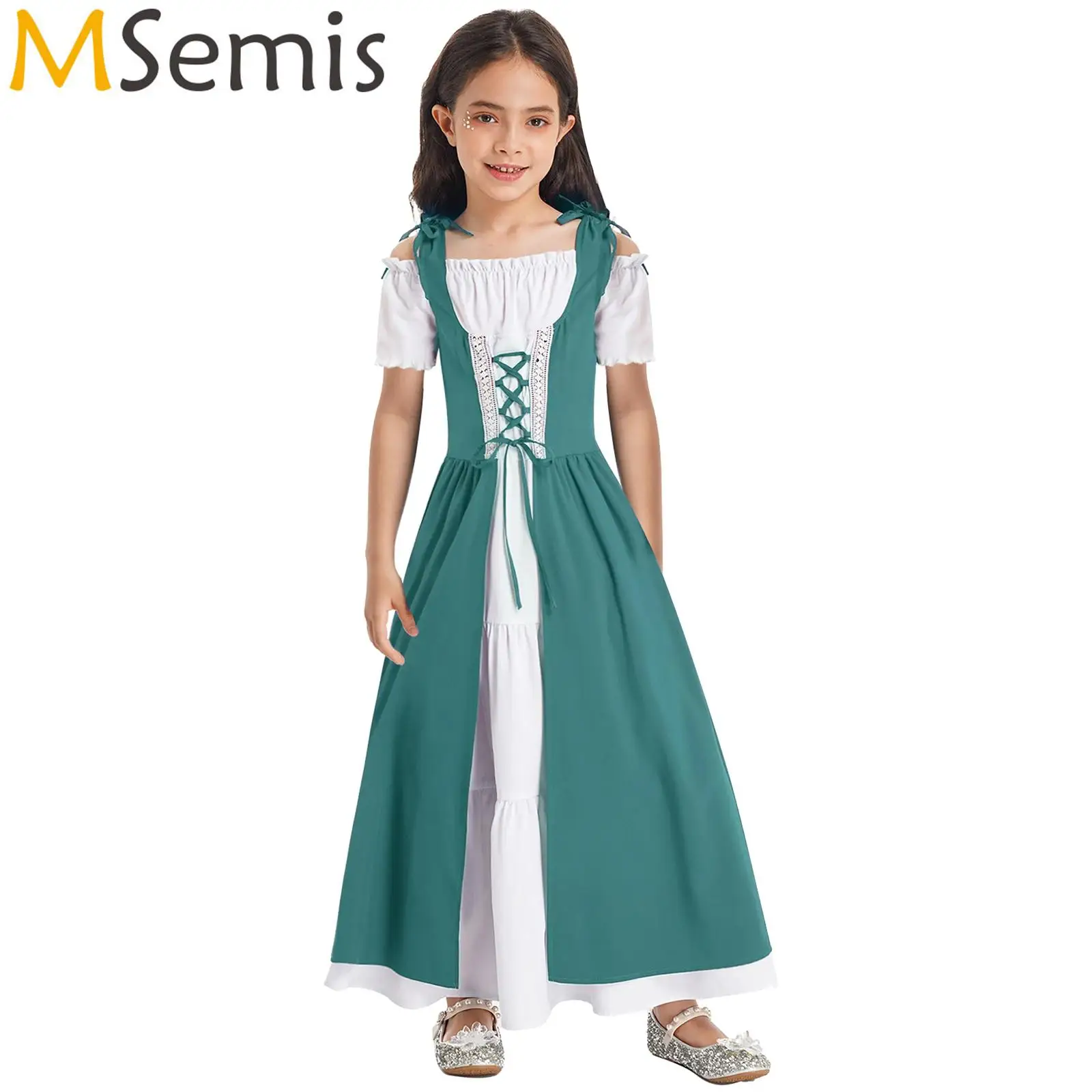 Kids Girls Medieval Renaissance Victorian Royal Princess Cosplay Dance Party Costume Ruffle Vintage Retro Robe Gown Maxi Dress