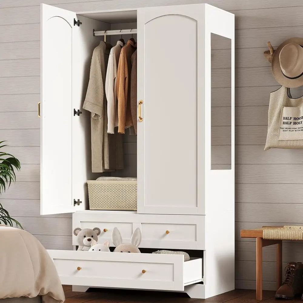 

White Freestanding Wardrobe with Mirror, Storage Drawers, and Hanging Space