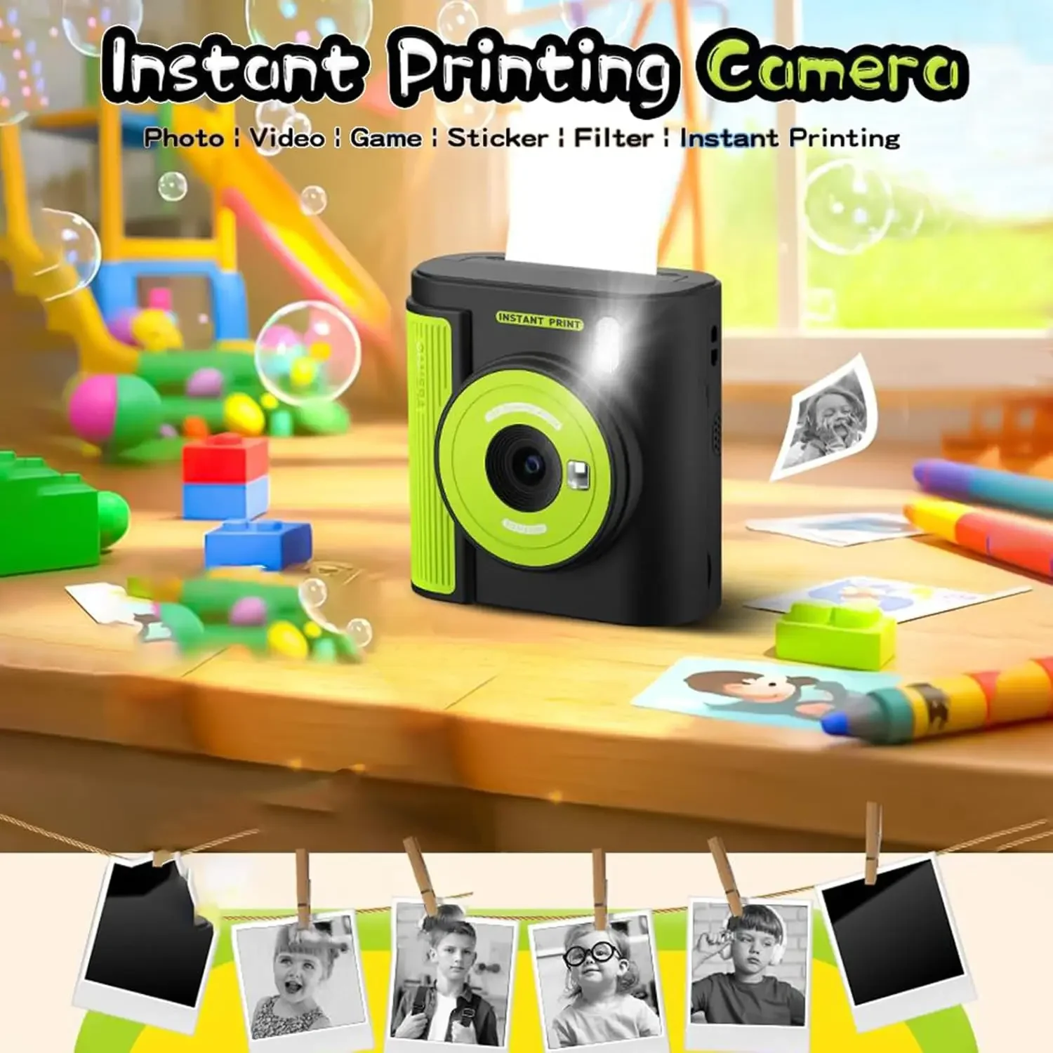 Print Camera 2 Inch Screen High Clear Digital Printer Inkless Thermal Printer with Paper, 32G Card Gifts for Girls and Boys