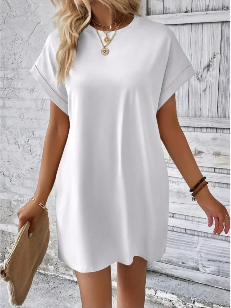 Fashion Boho Resort Style Beach Dresses For Women 2024 New Summer Solid Color O Neck Loose Short Sleeve Pocket Mini Dress Femme