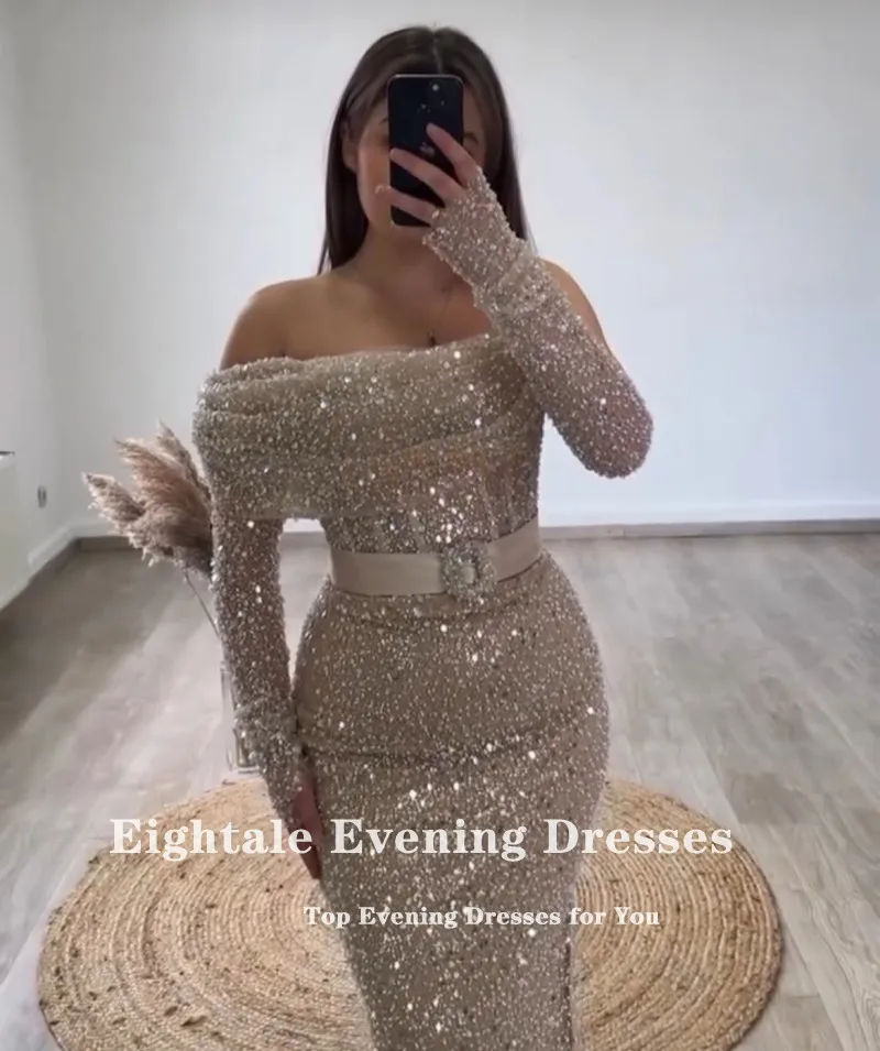 Eightale Luxury Evening Dresses Customized One Shoulder Long Sleeves Belt Champagne Sequined Mermaid Prom Gowns Robe De Soirée
