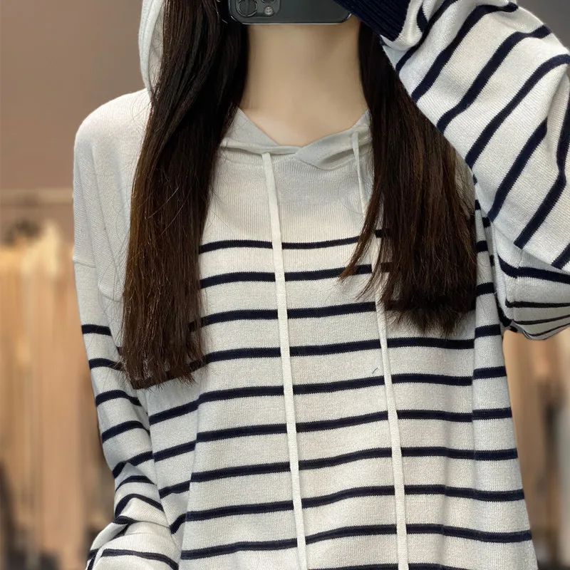 24 Autumn and Winter Ladies New Striped Hooded Pullover Tops Leisure Anti-Aging Slimming Double-Strand Worsted Wool Sweater