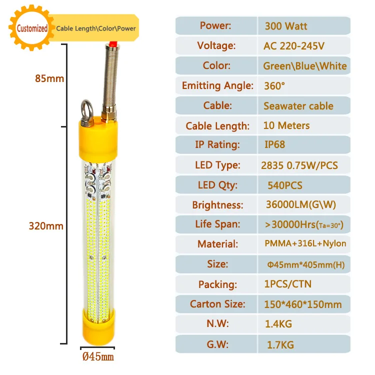 300W 220v IP68 Led Flood Light Lamp Green White Attracting Fishing LED Lights For Squid 220v Fishing LED Lights